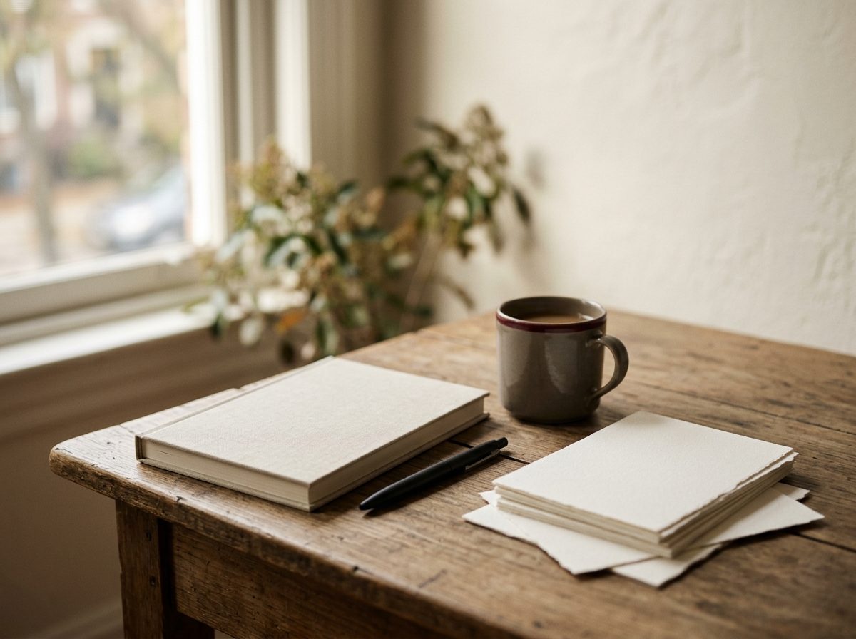 A considered desk corner near a window, with a notebook, paper, and a cup in soft daylight