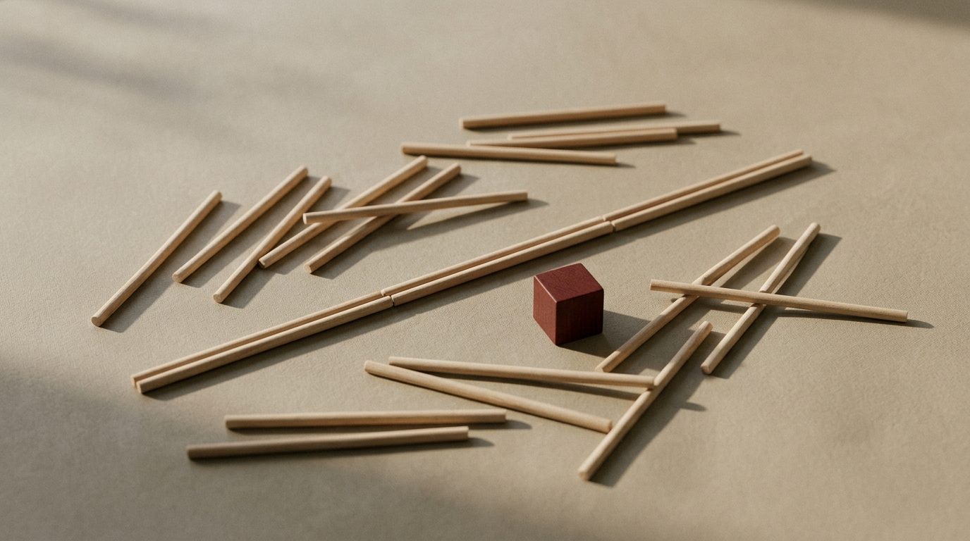 Scattered pieces on a warm surface, several resolving into a single aligned line