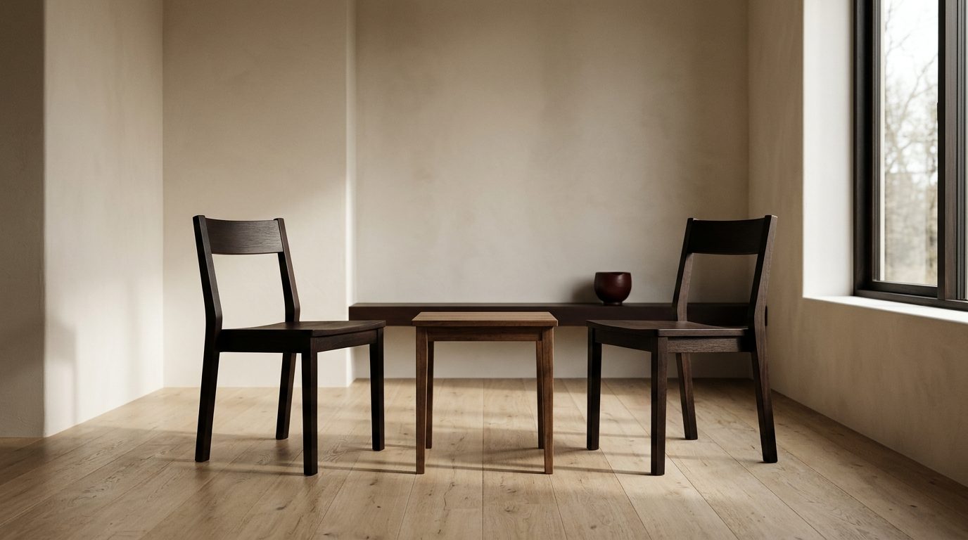 Two wooden chairs turned toward each other across a small table in a quiet, sunlit room
