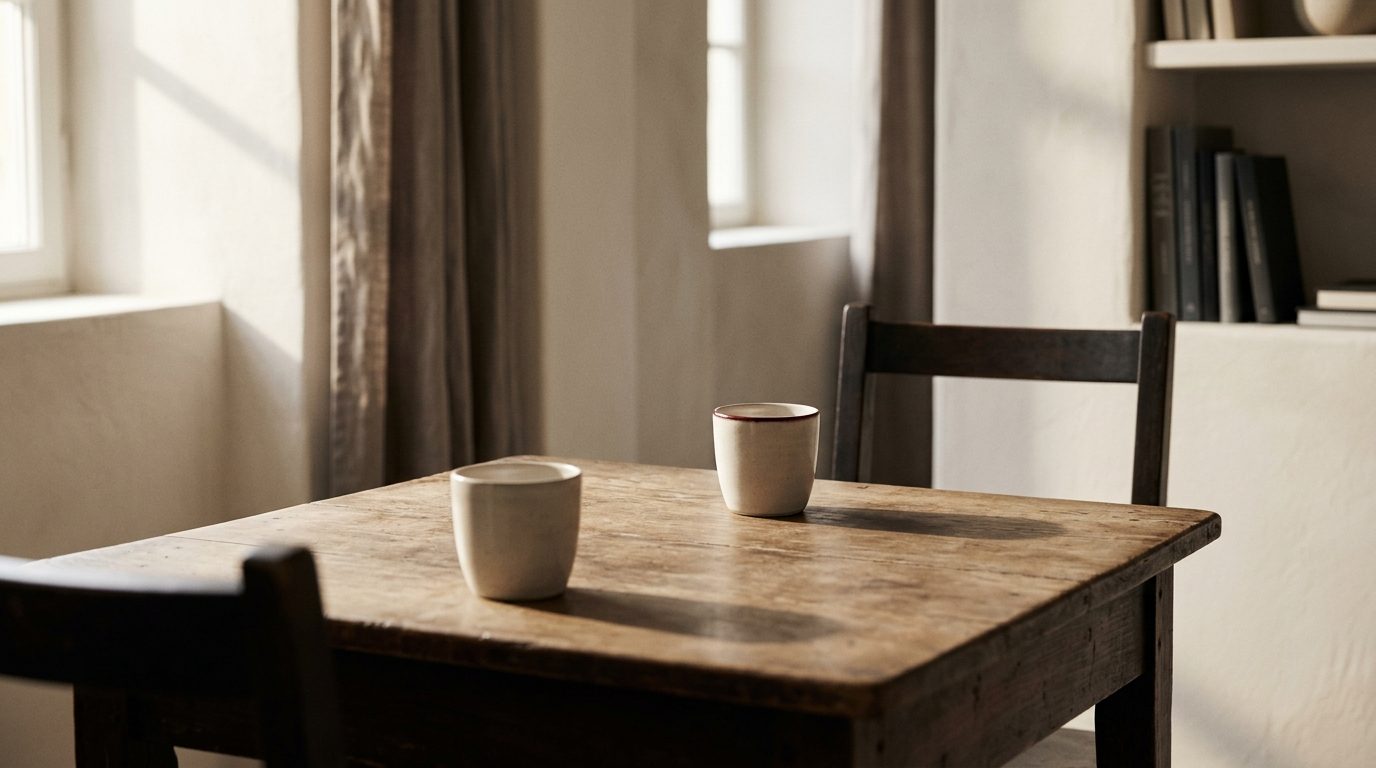 A wooden table seen from one seat, two cups across from each other and an empty chair opposite in soft daylight