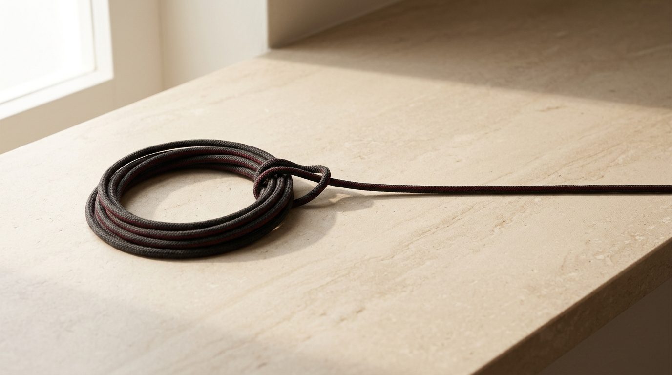 A length of dark cord coiled into a loop on a warm stone surface, one end pulling out into a straight line